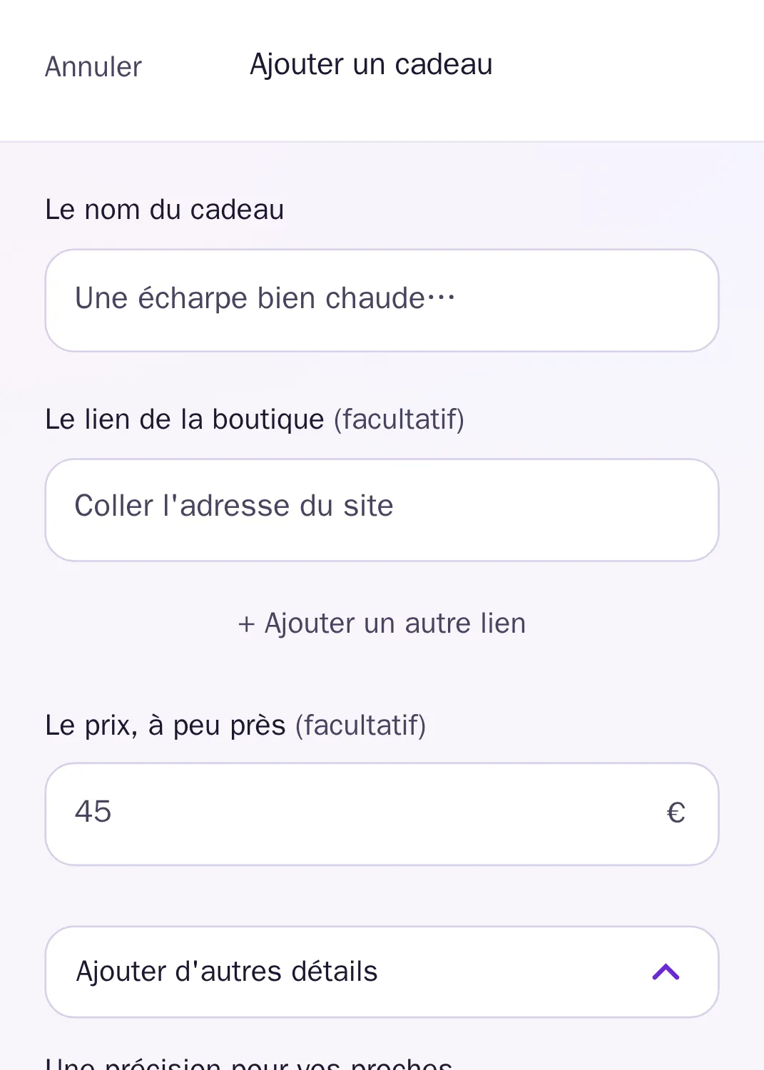 Le formulaire d'ajout d'un cadeau : nom, lien de la boutique, prix et précisions.