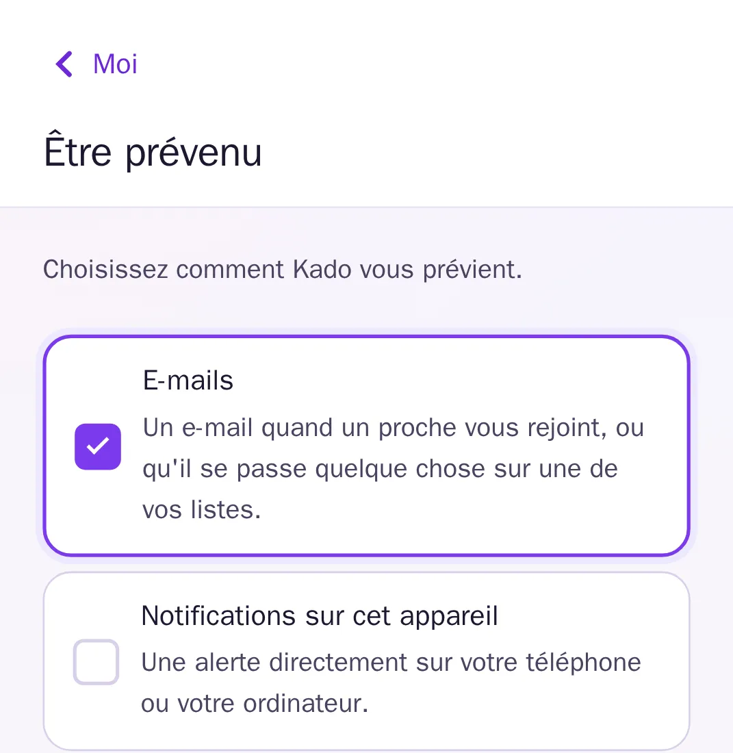 Le choix des rappels : par e-mail ou par notification sur le téléphone.