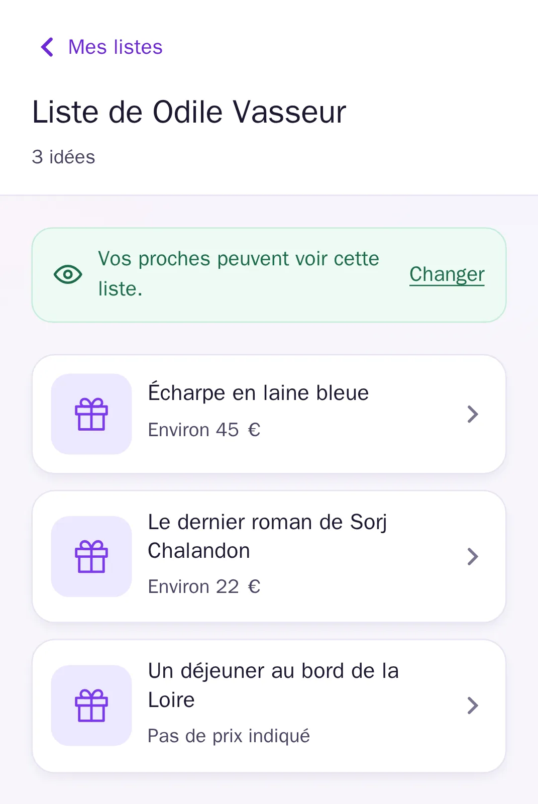 La liste d'Odile vue par Odile : trois idées, aucune réservation affichée.